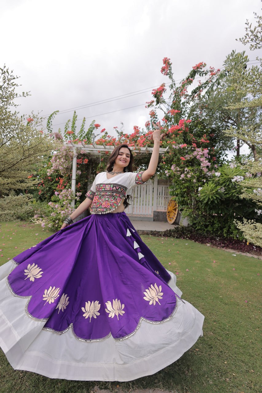 Navratri Roman Fabric Lehenga Choli with Kutchi Gamthi Embroidery