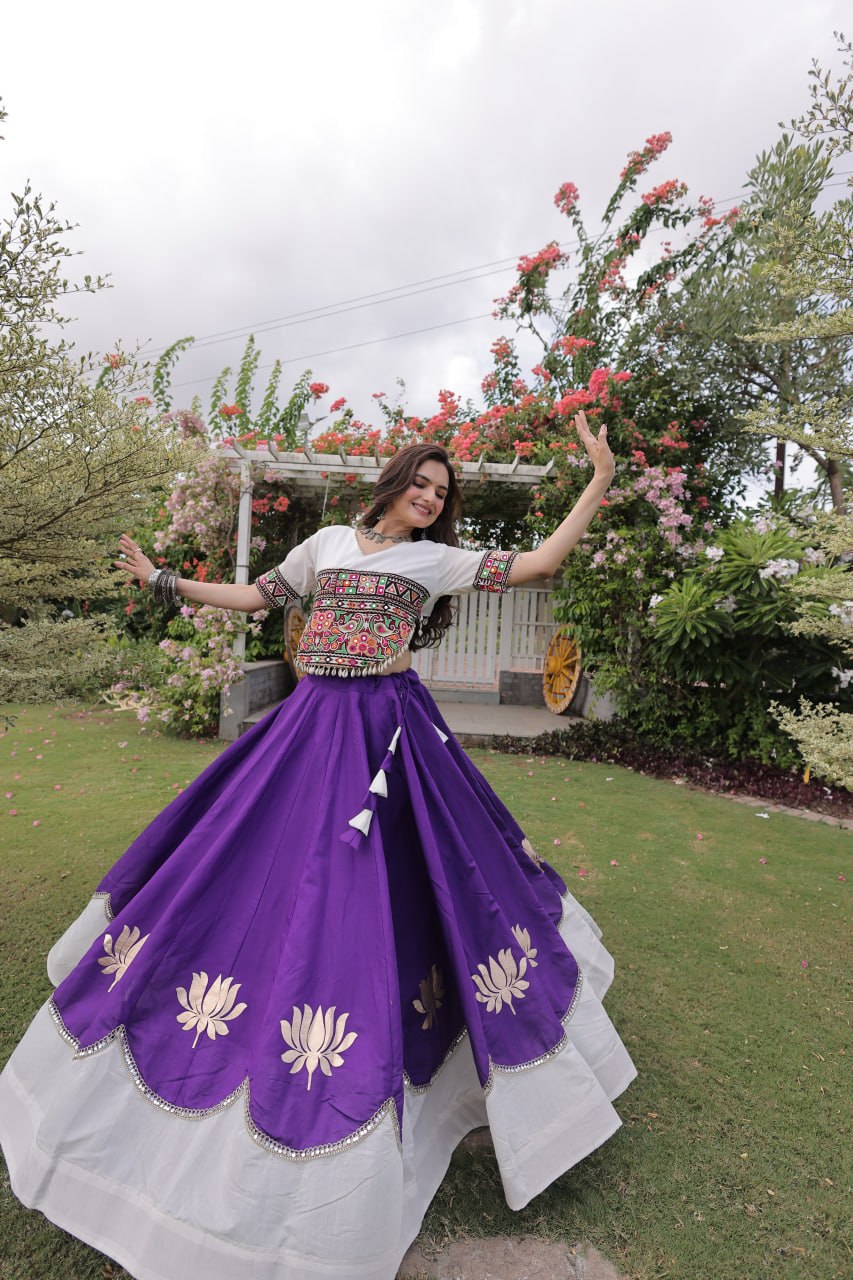 Navratri Roman Fabric Lehenga Choli with Kutchi Gamthi Embroidery