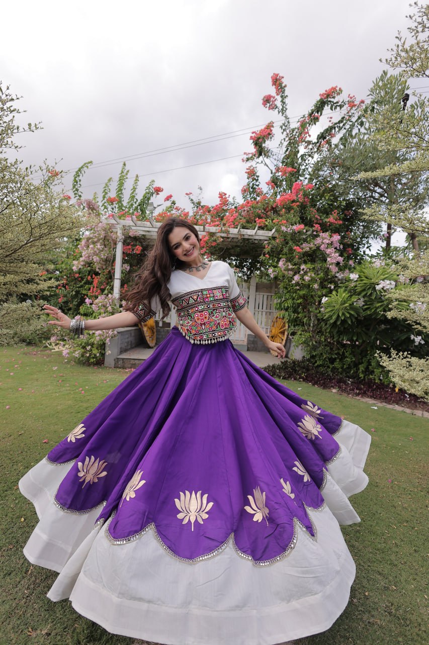 Navratri Roman Fabric Lehenga Choli with Kutchi Gamthi Embroidery