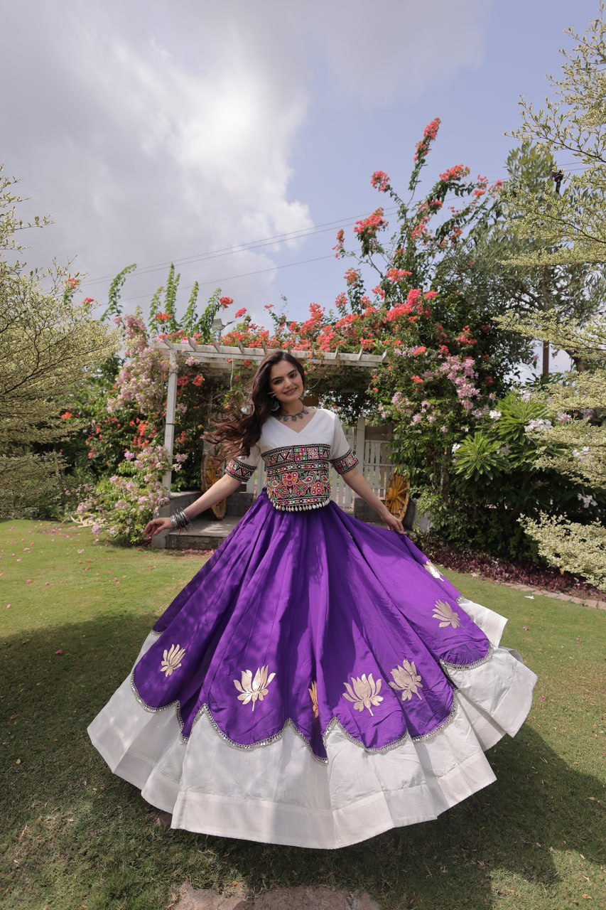 Navratri Roman Fabric Lehenga Choli with Kutchi Gamthi Embroidery