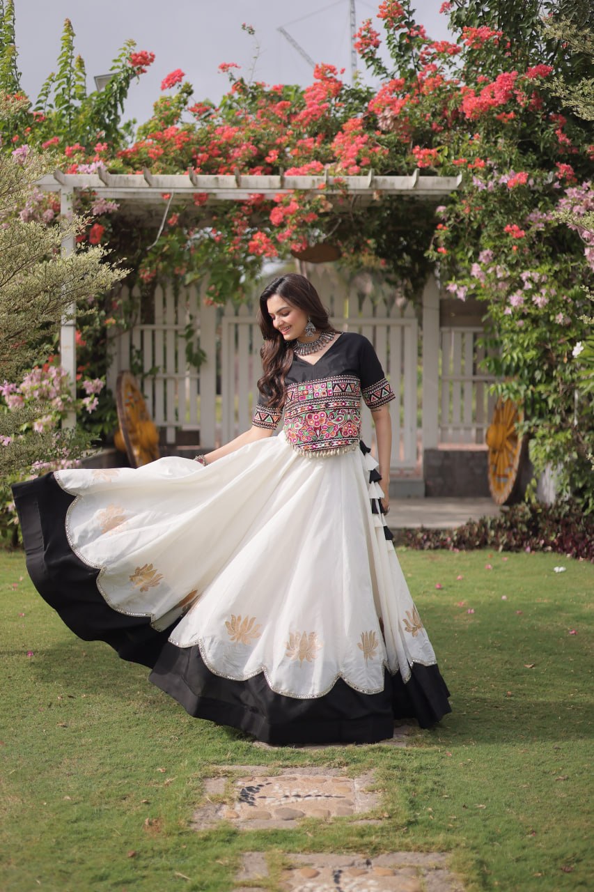 Navratri Roman Fabric Lehenga Choli with Kutchi Gamthi Embroidery