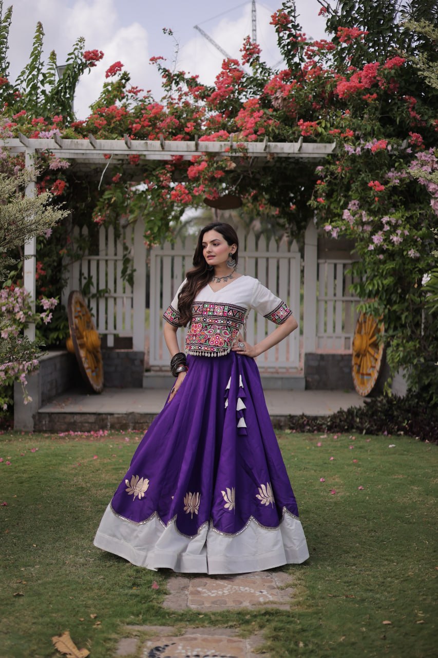 Navratri Roman Fabric Lehenga Choli with Kutchi Gamthi Embroidery