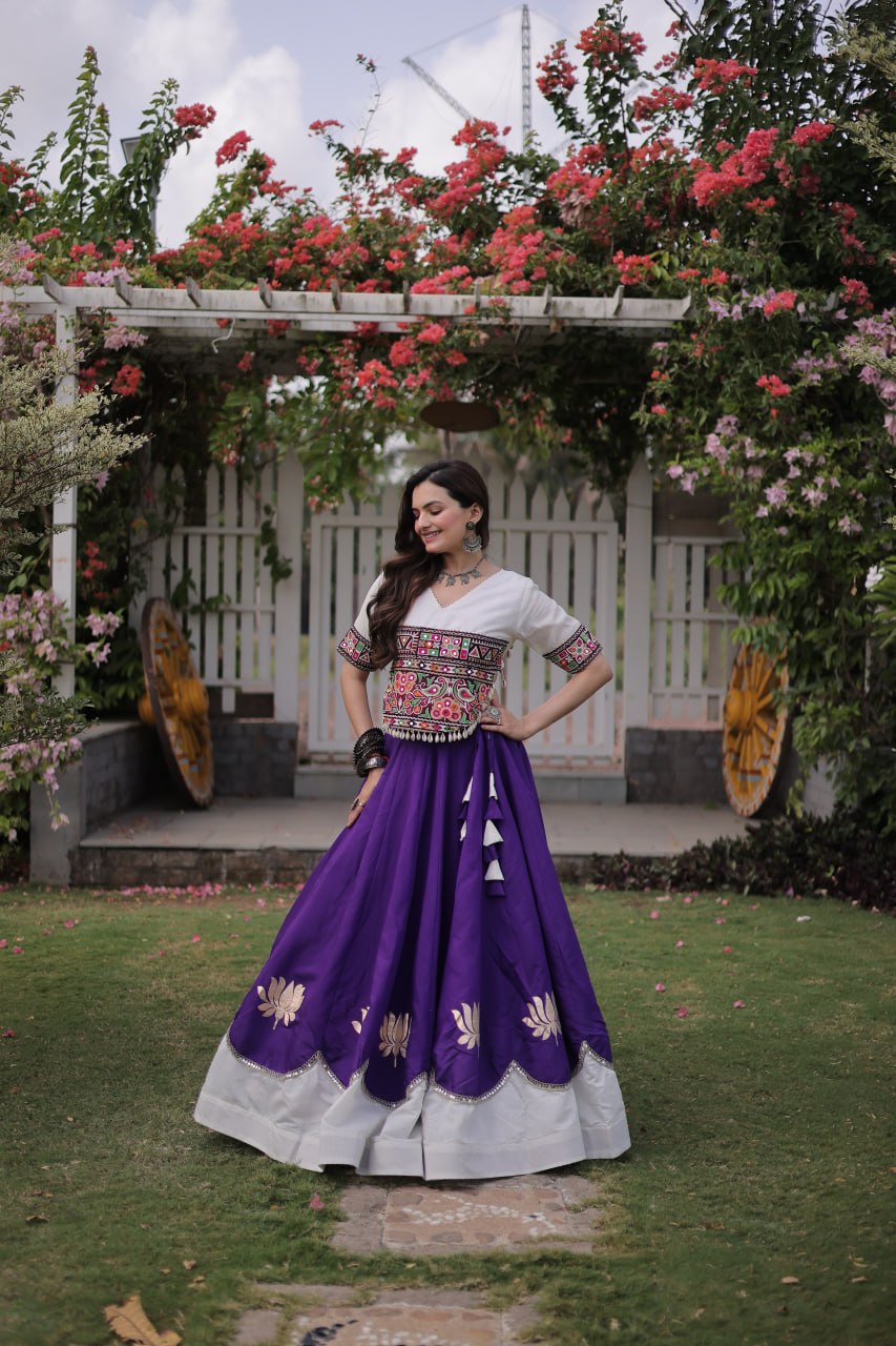Navratri Roman Fabric Lehenga Choli with Kutchi Gamthi Embroidery