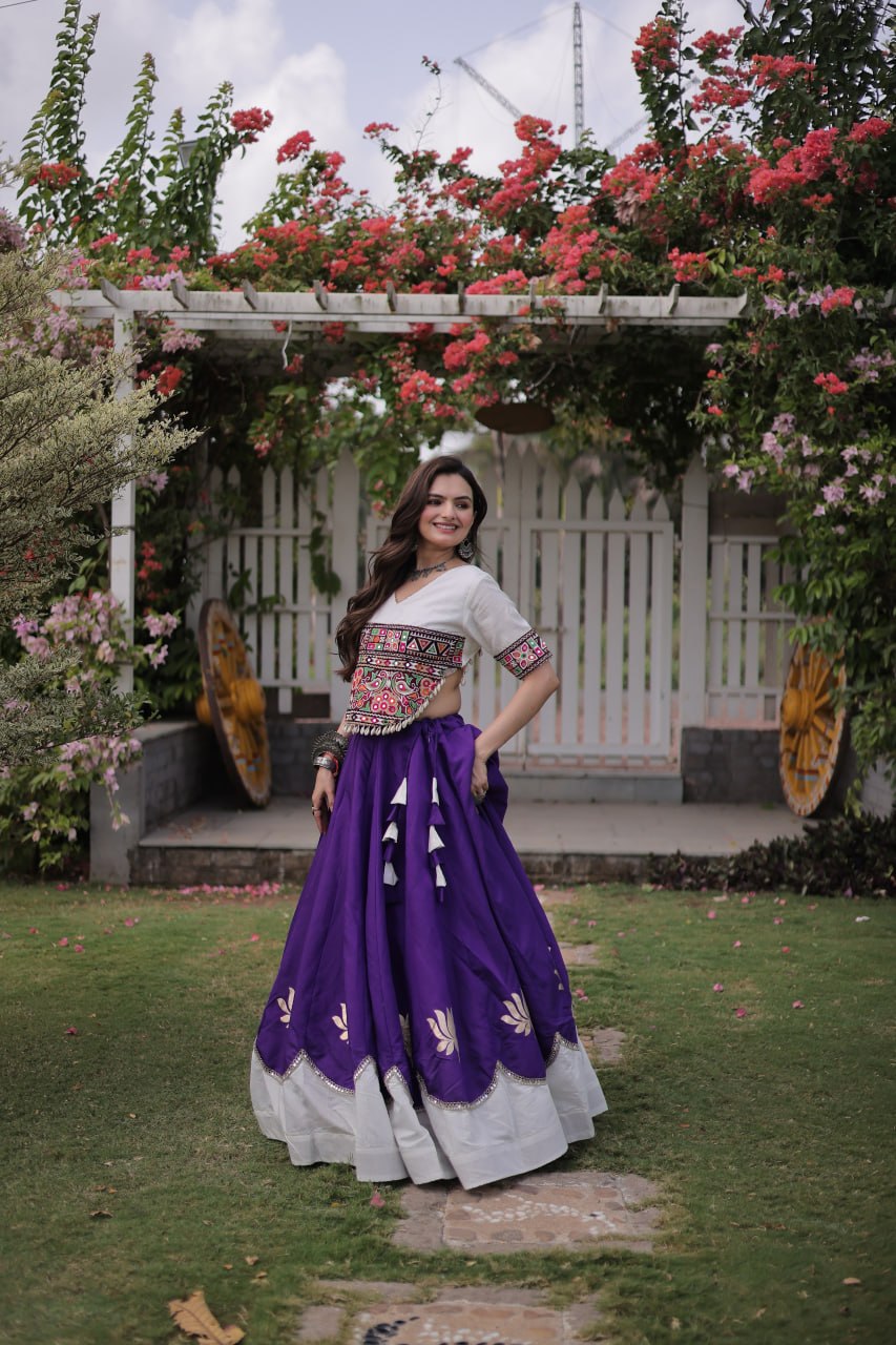 Navratri Roman Fabric Lehenga Choli with Kutchi Gamthi Embroidery