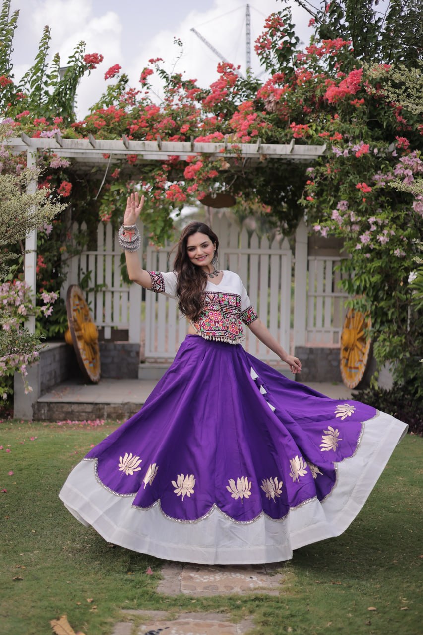 Navratri Roman Fabric Lehenga Choli with Kutchi Gamthi Embroidery