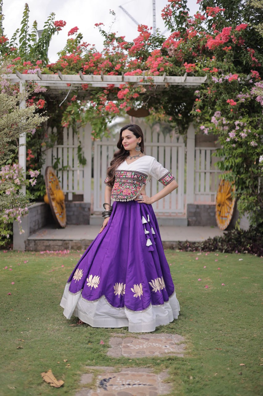 Navratri Roman Fabric Lehenga Choli with Kutchi Gamthi Embroidery