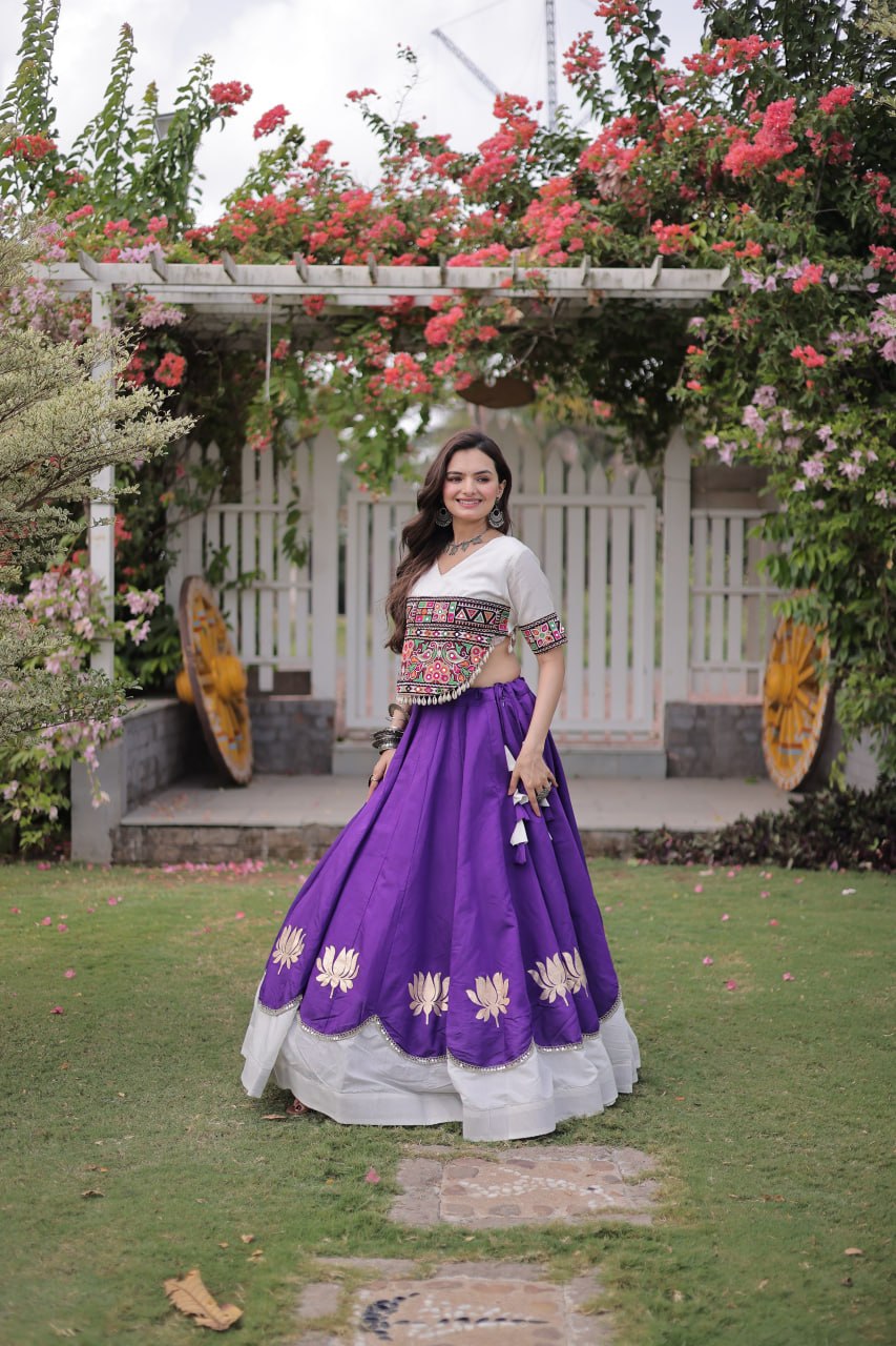 Navratri Roman Fabric Lehenga Choli with Kutchi Gamthi Embroidery