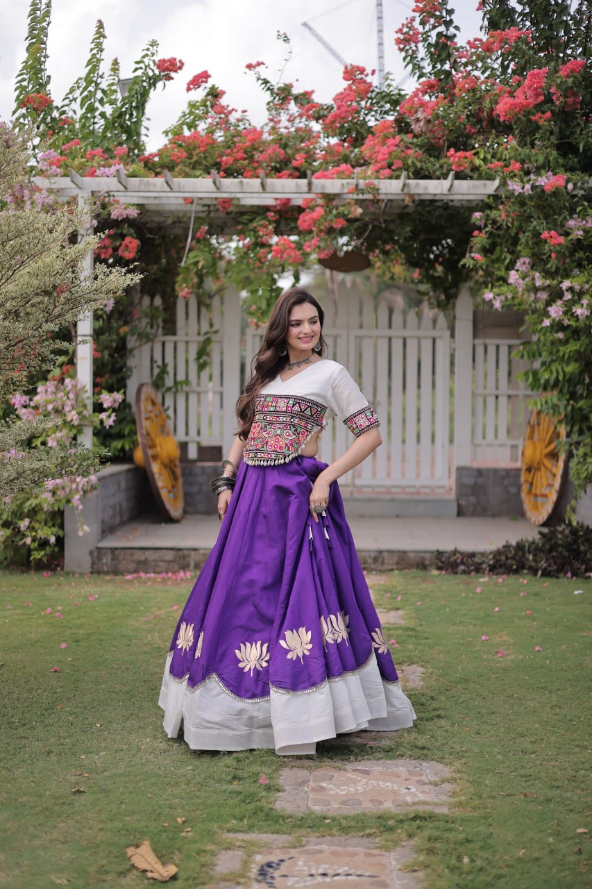 Navratri Roman Fabric Lehenga Choli with Kutchi Gamthi Embroidery