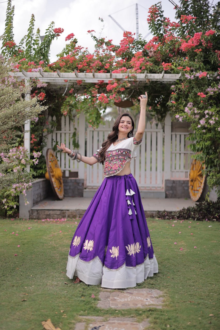 Navratri Roman Fabric Lehenga Choli with Kutchi Gamthi Embroidery