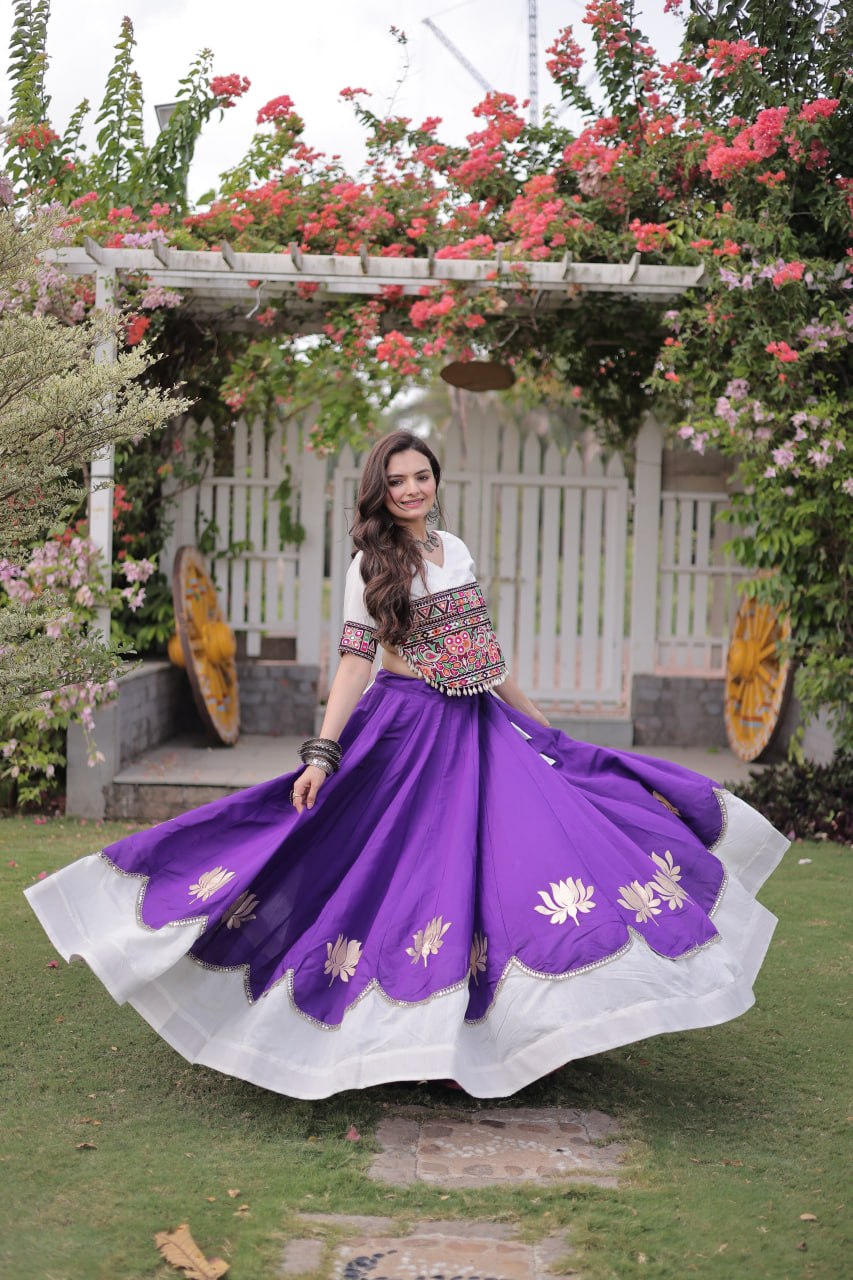 Navratri Roman Fabric Lehenga Choli with Kutchi Gamthi Embroidery