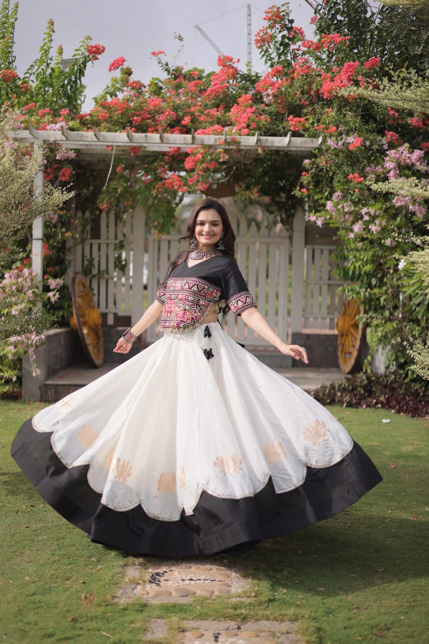 Navratri Roman Fabric Lehenga Choli with Kutchi Gamthi Embroidery