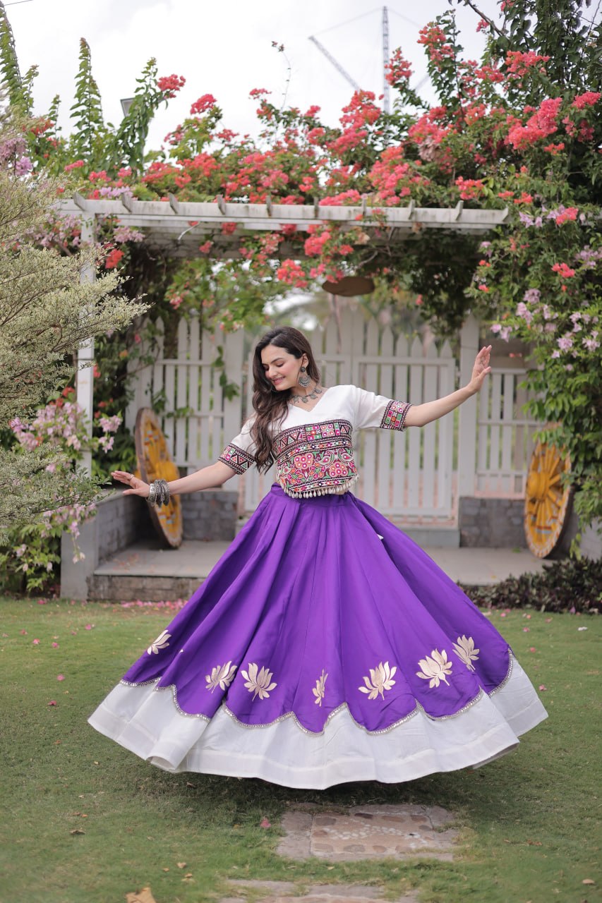 Navratri Roman Fabric Lehenga Choli with Kutchi Gamthi Embroidery