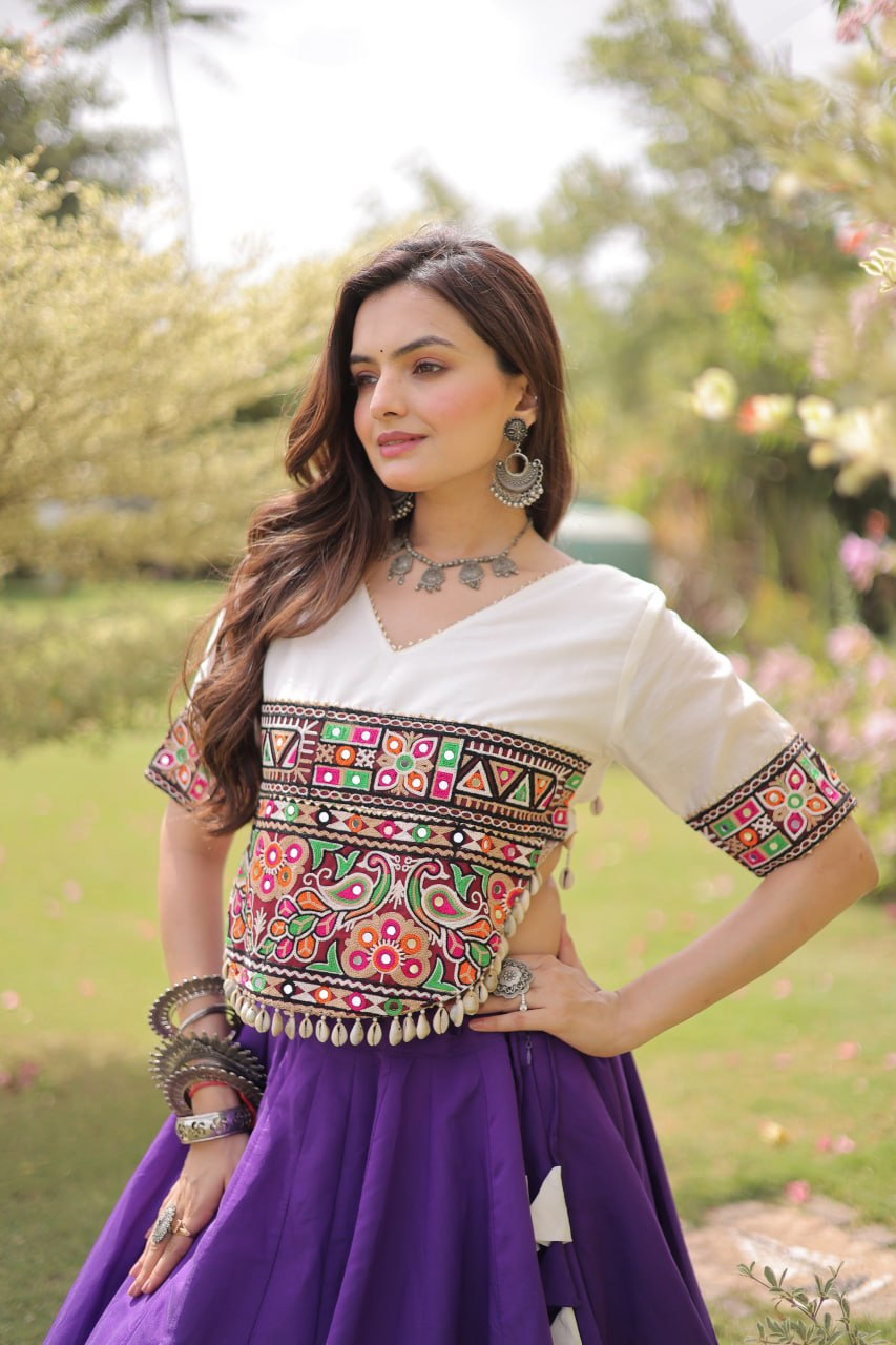 Navratri Roman Fabric Lehenga Choli with Kutchi Gamthi Embroidery
