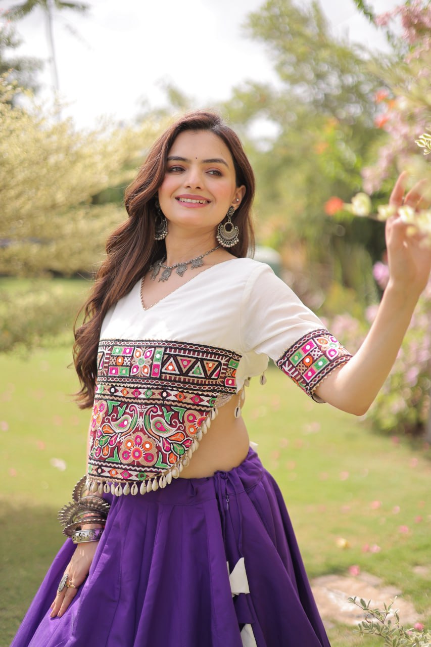 Navratri Roman Fabric Lehenga Choli with Kutchi Gamthi Embroidery
