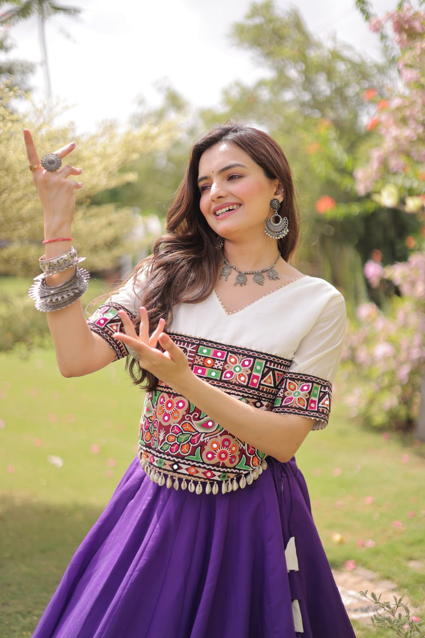 Navratri Roman Fabric Lehenga Choli with Kutchi Gamthi Embroidery