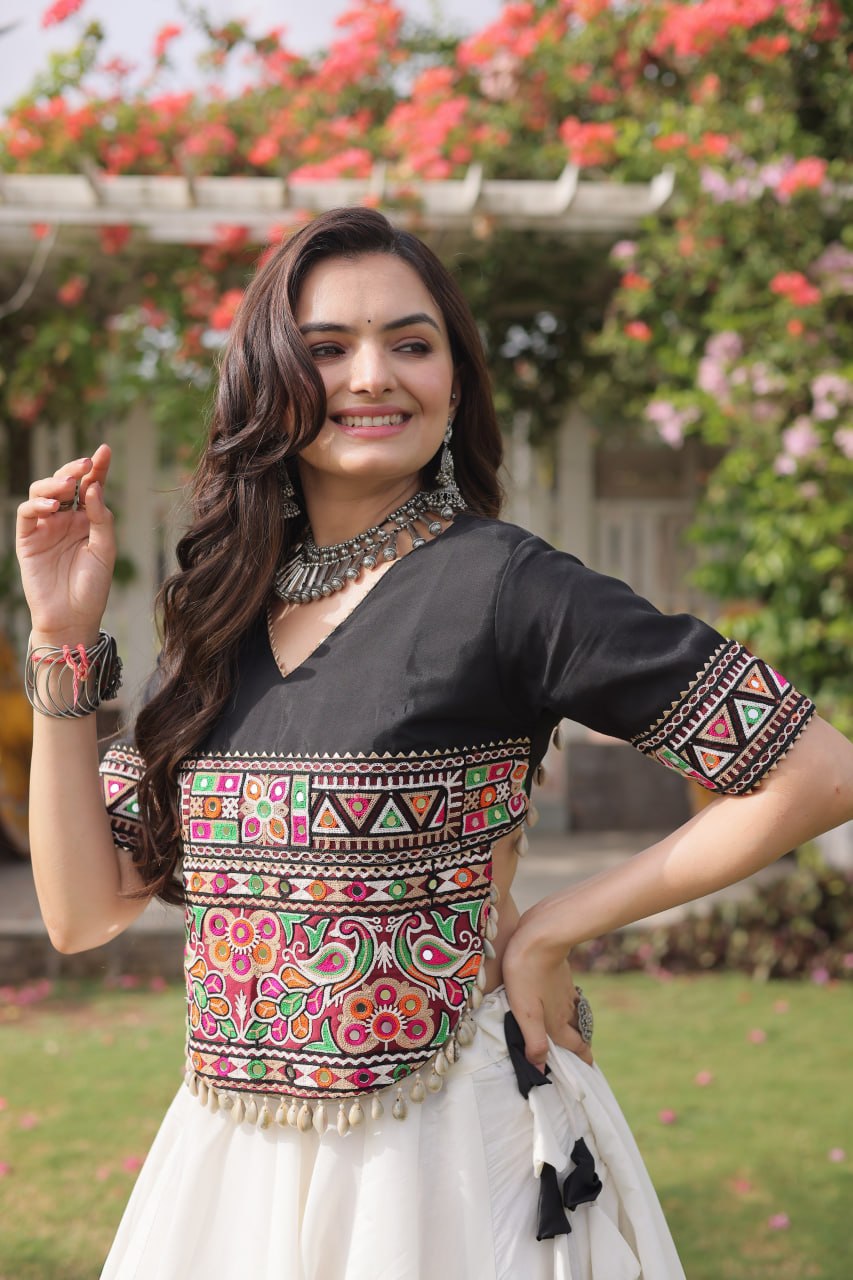Navratri Roman Fabric Lehenga Choli with Kutchi Gamthi Embroidery