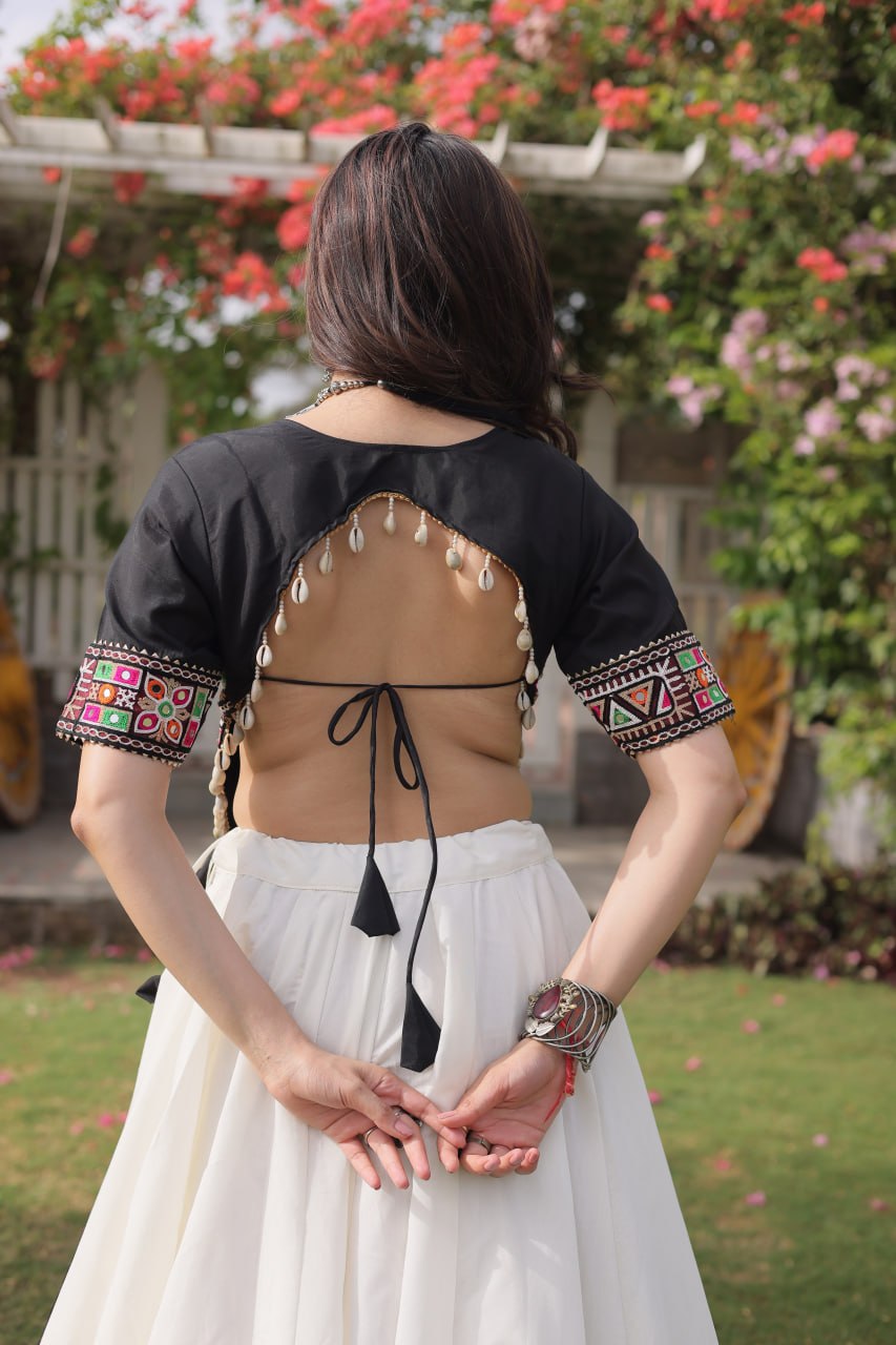 Navratri Roman Fabric Lehenga Choli with Kutchi Gamthi Embroidery