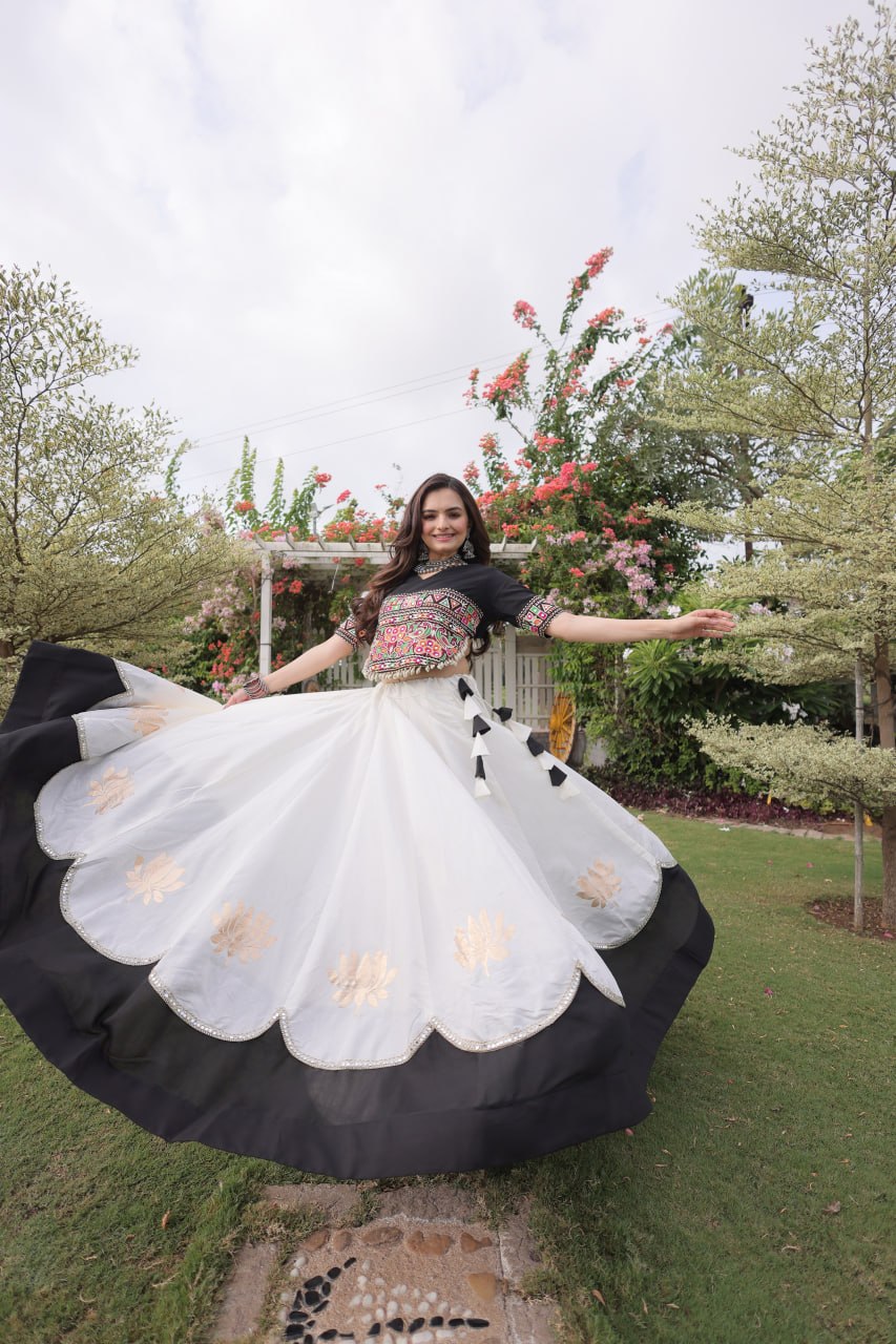 Navratri Roman Fabric Lehenga Choli with Kutchi Gamthi Embroidery