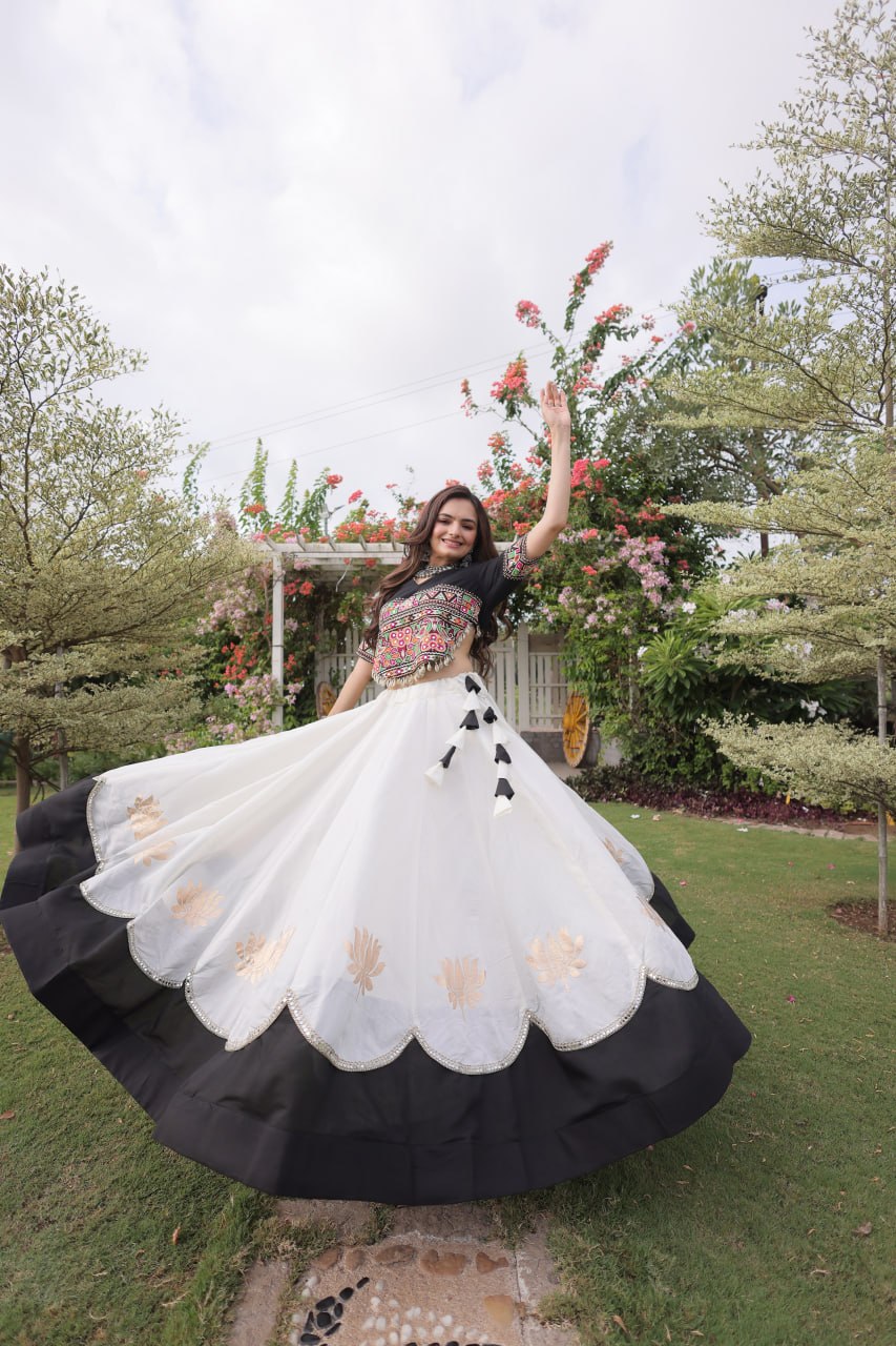 Navratri Roman Fabric Lehenga Choli with Kutchi Gamthi Embroidery