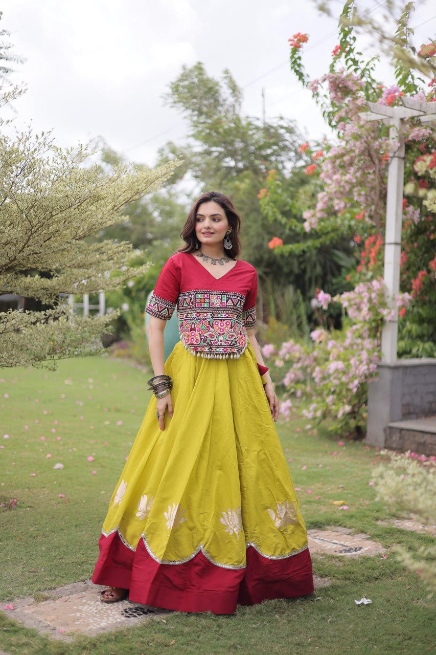 Navratri Roman Fabric Lehenga Choli with Kutchi Gamthi Embroidery