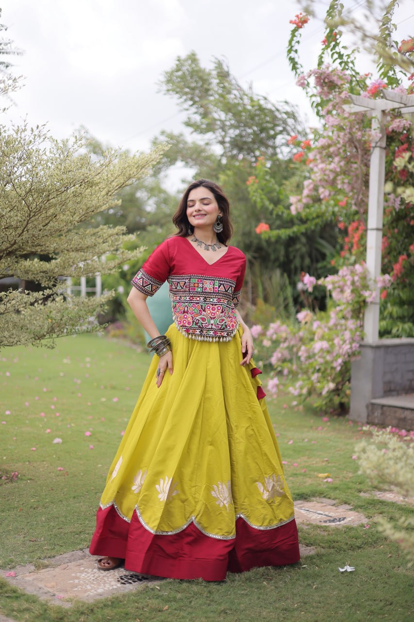 Navratri Roman Fabric Lehenga Choli with Kutchi Gamthi Embroidery
