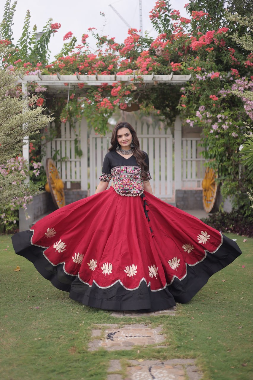 Navratri Roman Fabric Lehenga Choli with Kutchi Gamthi Embroidery
