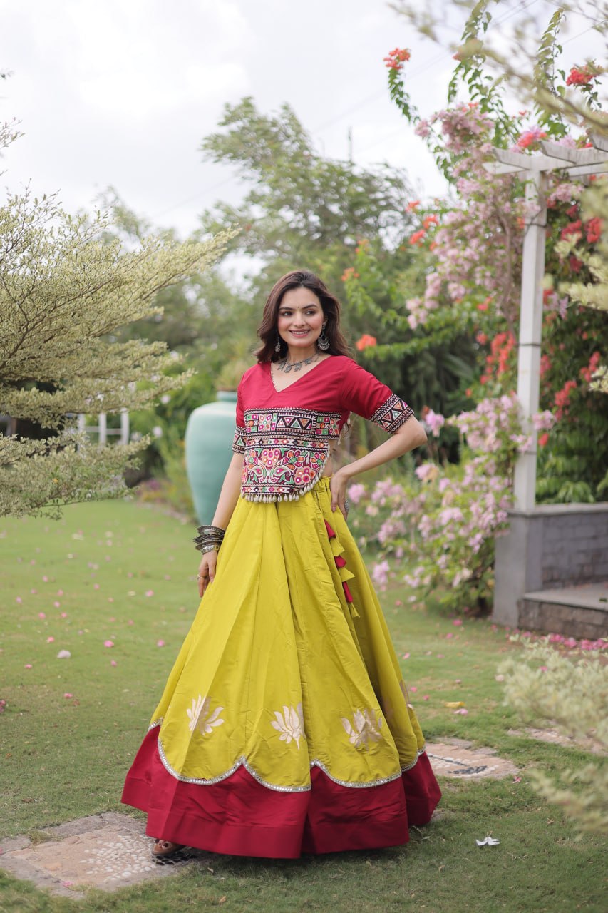 Navratri Roman Fabric Lehenga Choli with Kutchi Gamthi Embroidery