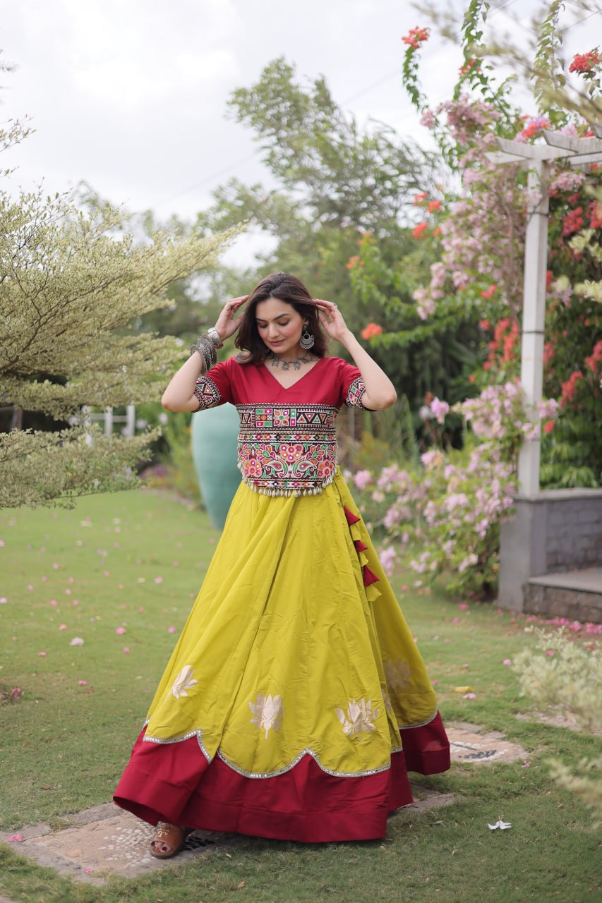 Navratri Roman Fabric Lehenga Choli with Kutchi Gamthi Embroidery