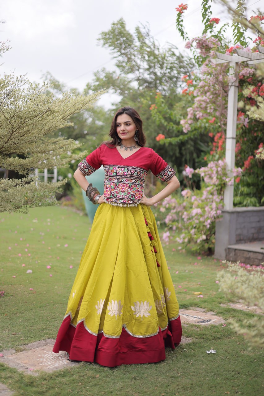 Navratri Roman Fabric Lehenga Choli with Kutchi Gamthi Embroidery