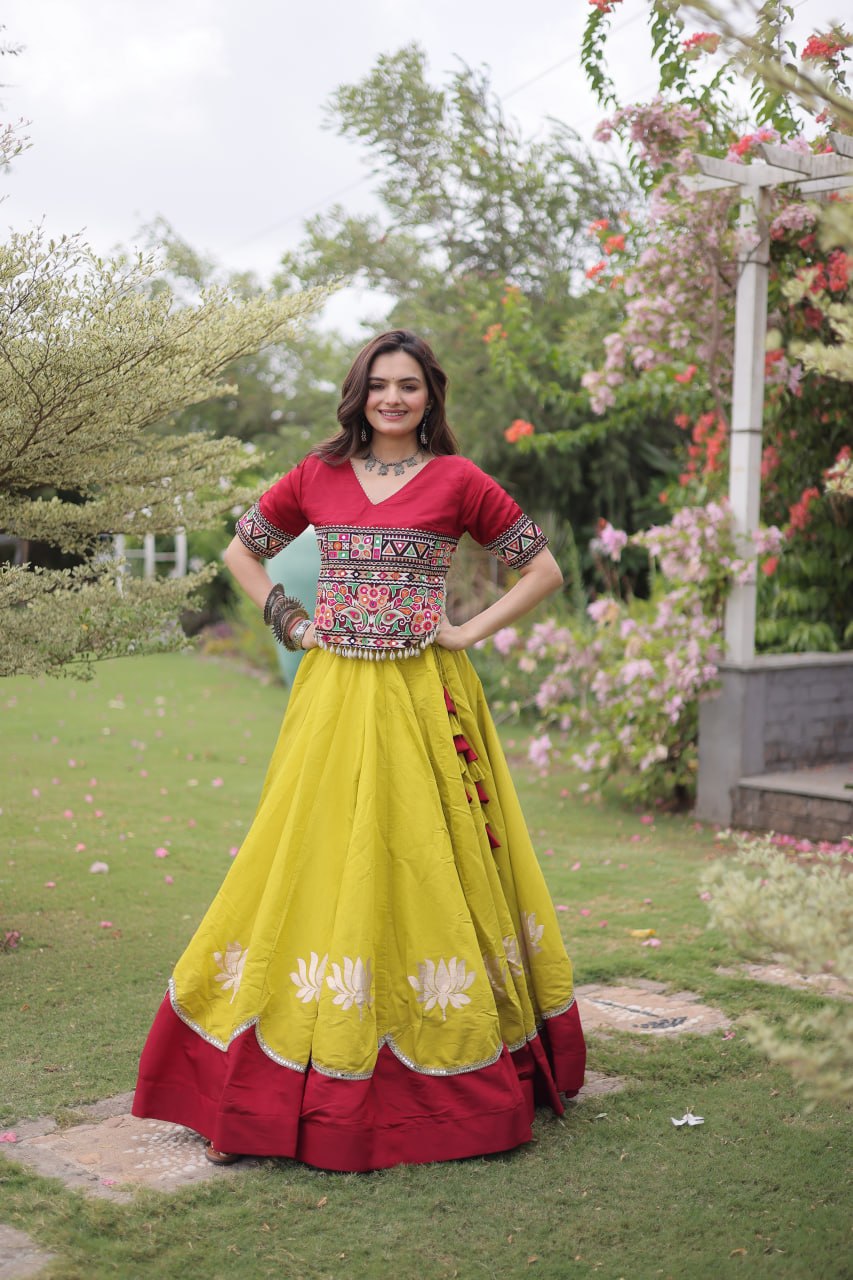 Navratri Roman Fabric Lehenga Choli with Kutchi Gamthi Embroidery