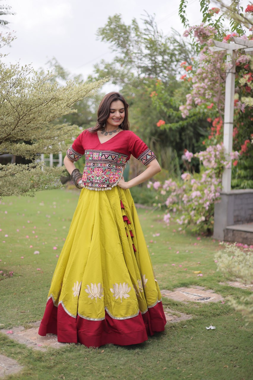 Navratri Roman Fabric Lehenga Choli with Kutchi Gamthi Embroidery