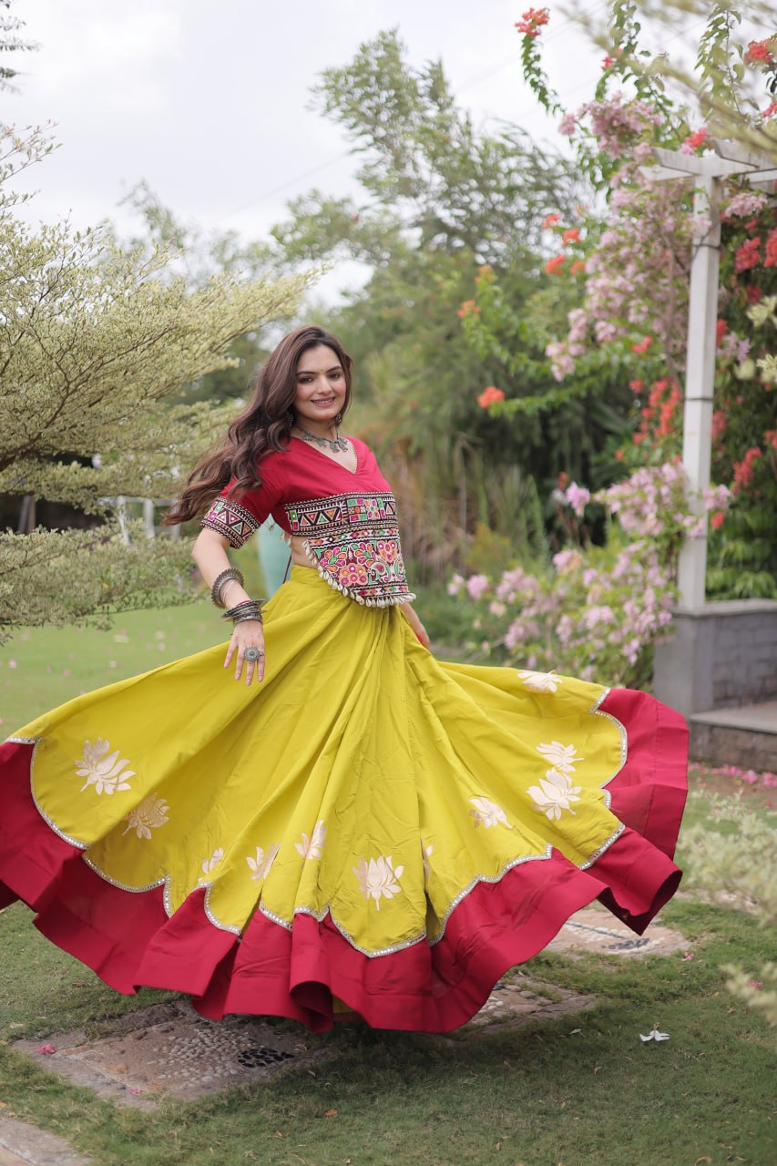 Navratri Roman Fabric Lehenga Choli with Kutchi Gamthi Embroidery