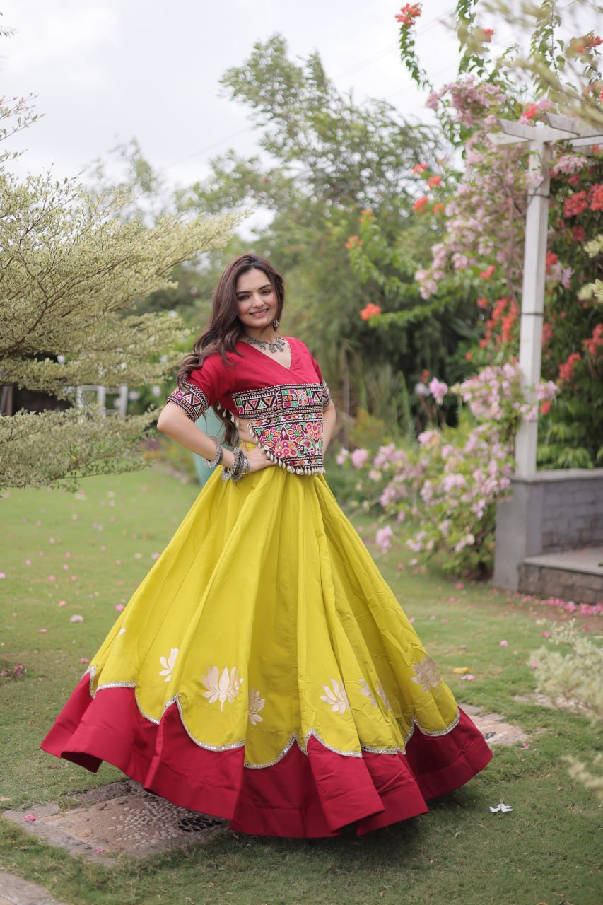 Navratri Roman Fabric Lehenga Choli with Kutchi Gamthi Embroidery