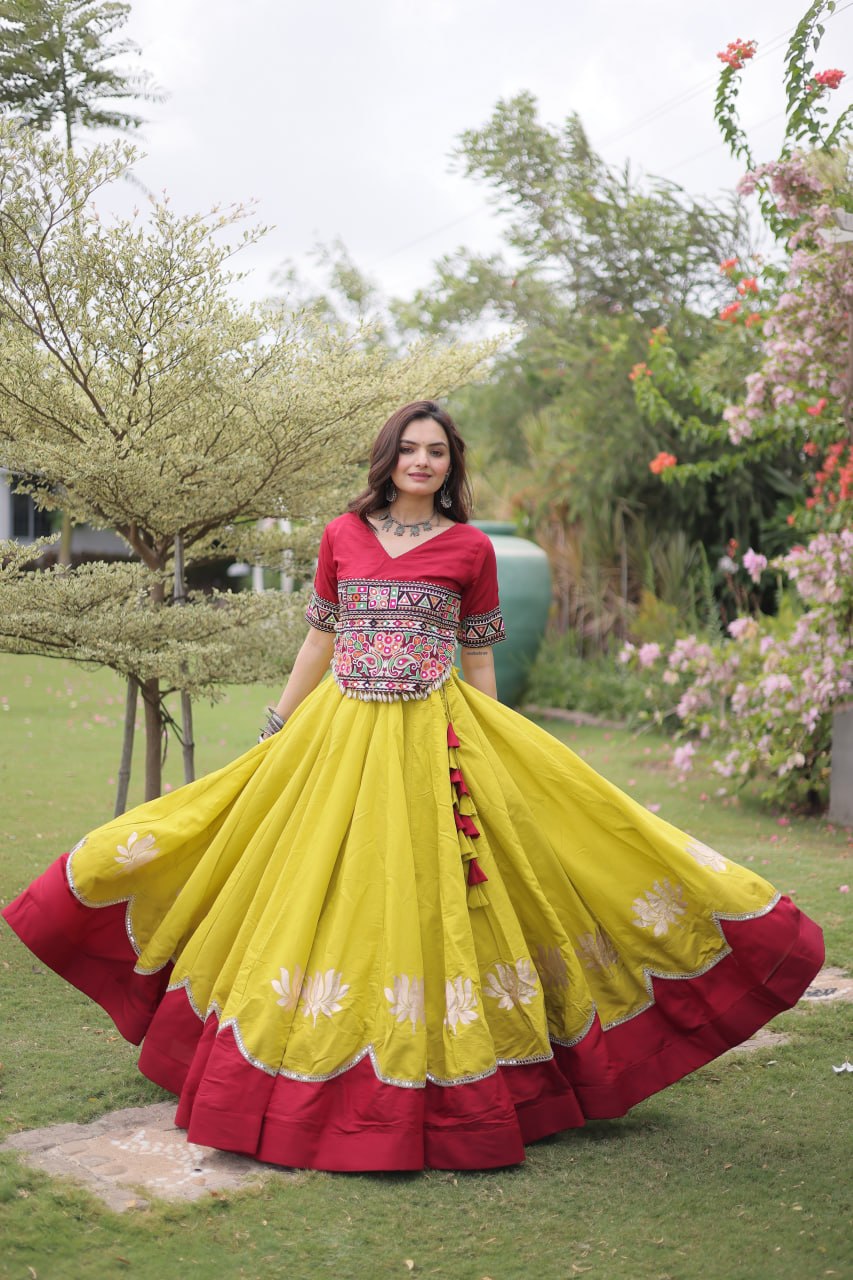 Navratri Roman Fabric Lehenga Choli with Kutchi Gamthi Embroidery