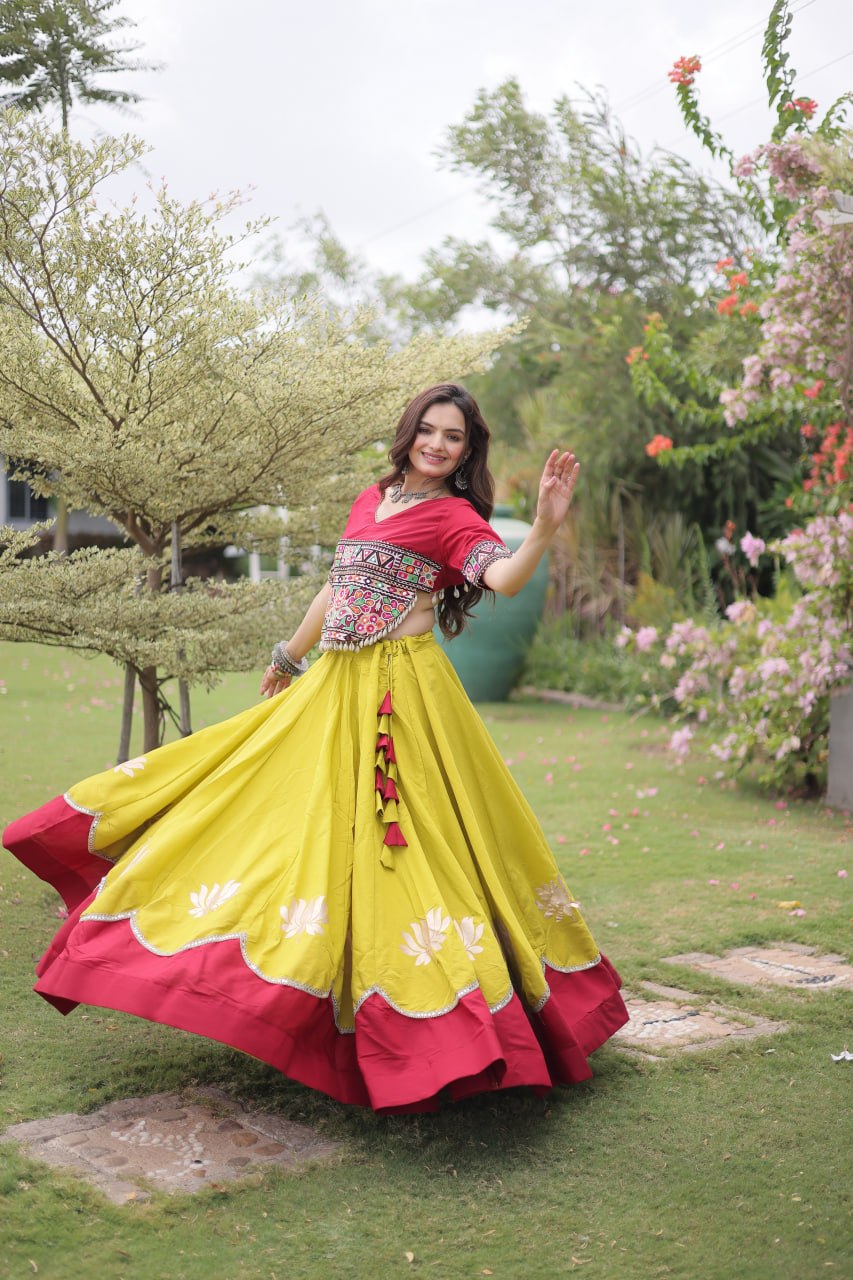 Navratri Roman Fabric Lehenga Choli with Kutchi Gamthi Embroidery