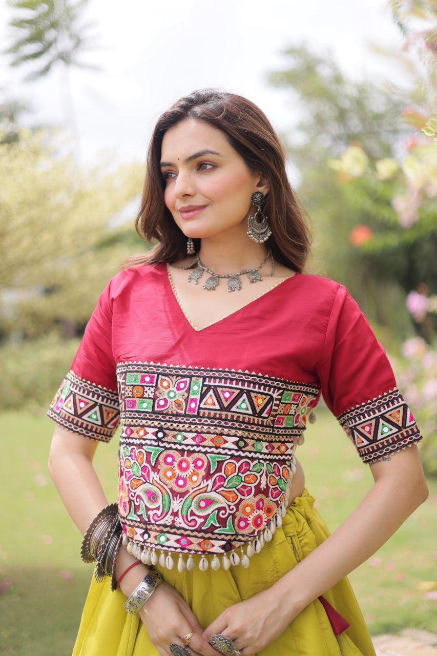 Navratri Roman Fabric Lehenga Choli with Kutchi Gamthi Embroidery