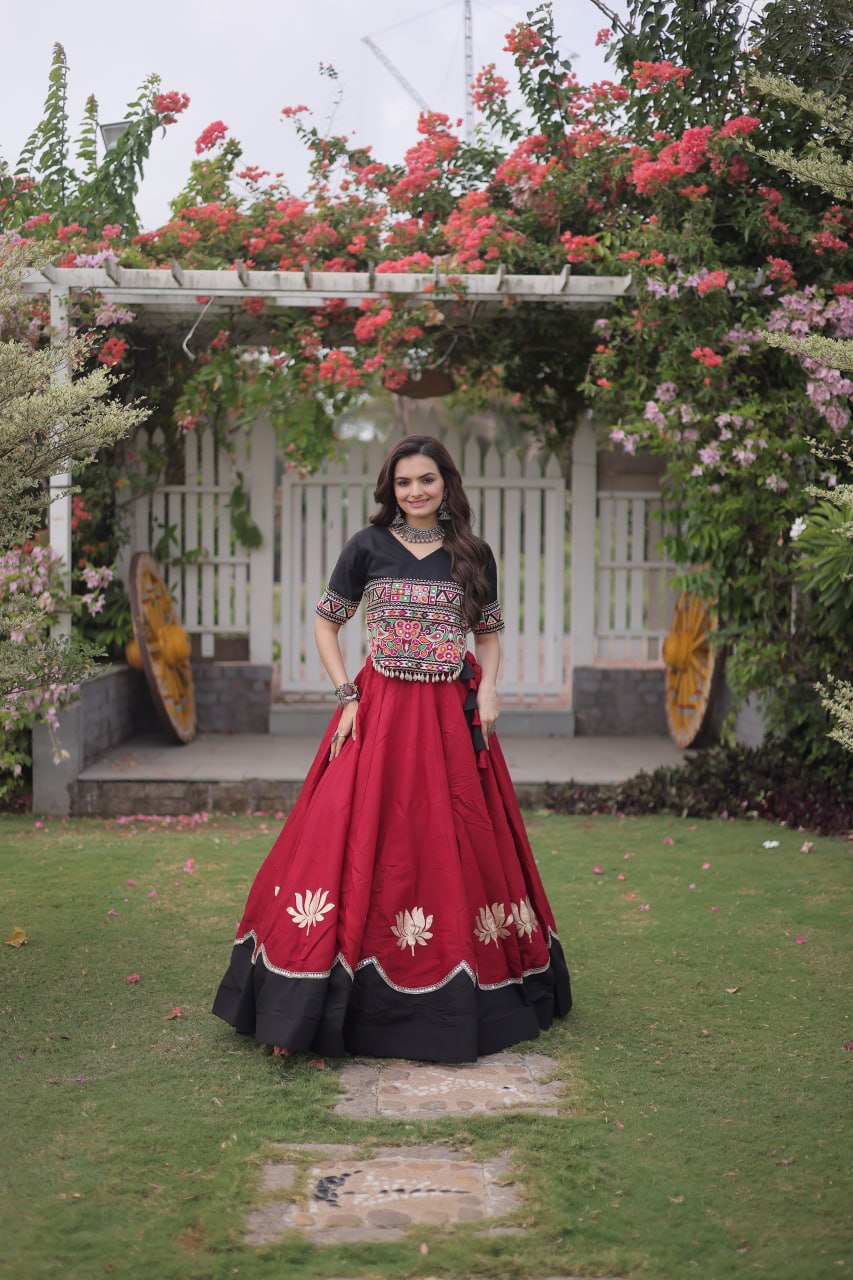 Navratri Roman Fabric Lehenga Choli with Kutchi Gamthi Embroidery