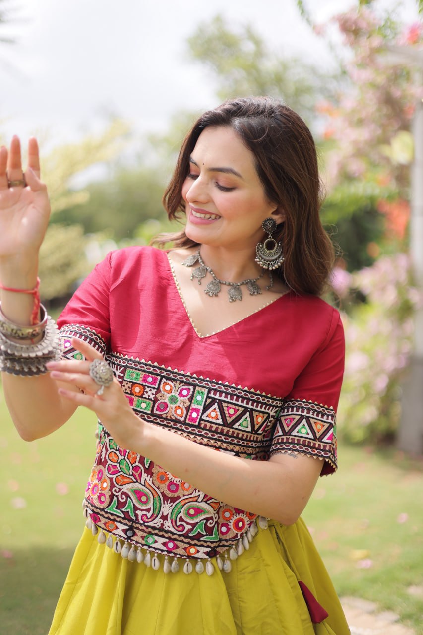 Navratri Roman Fabric Lehenga Choli with Kutchi Gamthi Embroidery