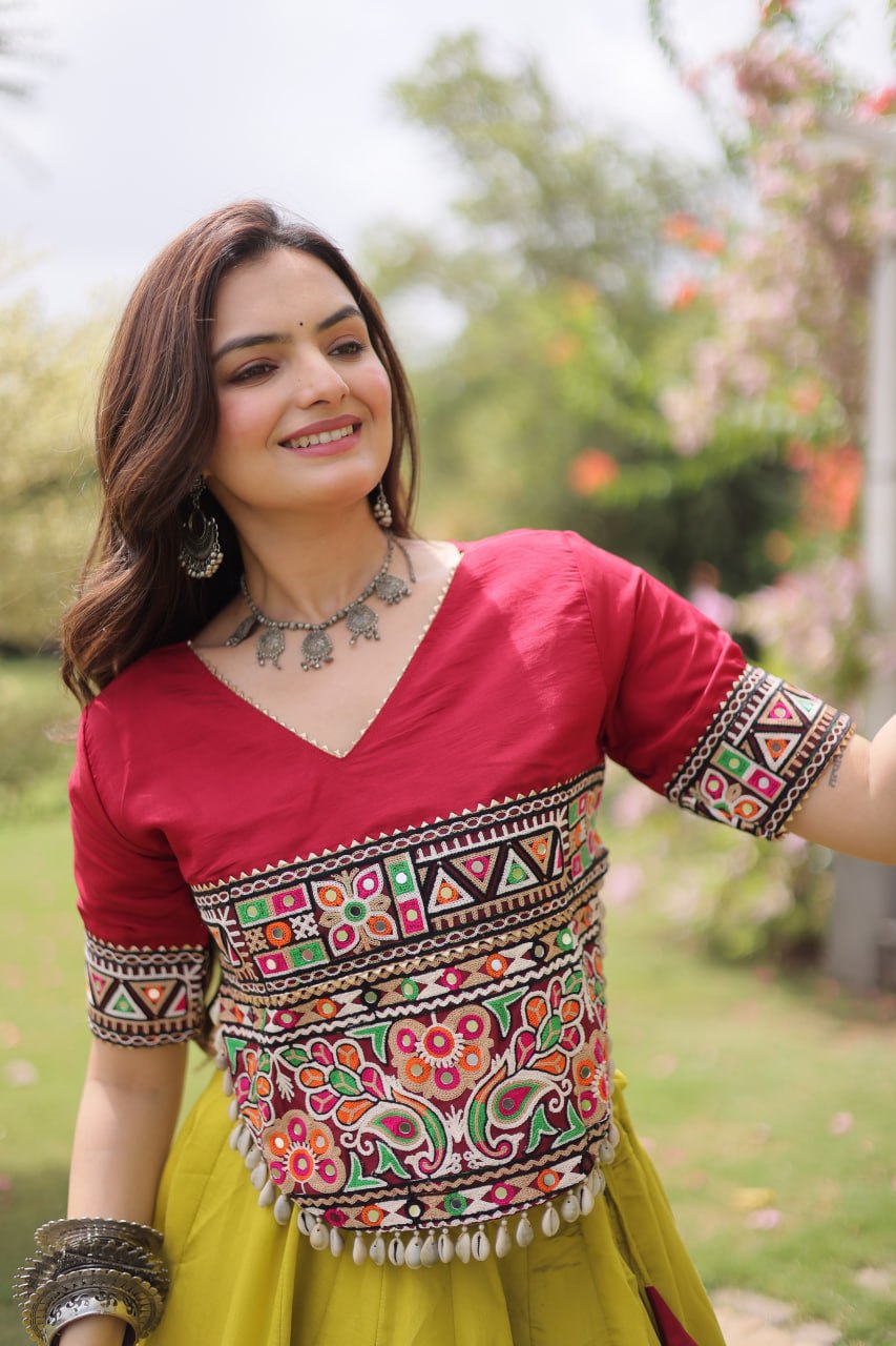 Navratri Roman Fabric Lehenga Choli with Kutchi Gamthi Embroidery