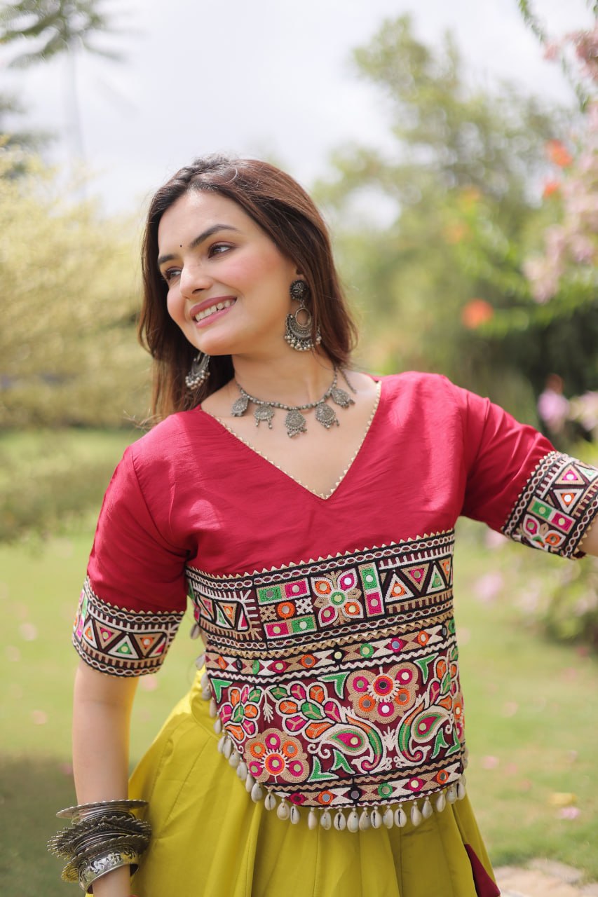 Navratri Roman Fabric Lehenga Choli with Kutchi Gamthi Embroidery