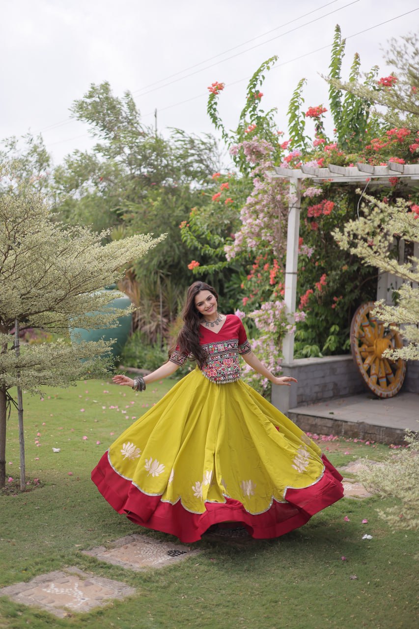Navratri Roman Fabric Lehenga Choli with Kutchi Gamthi Embroidery