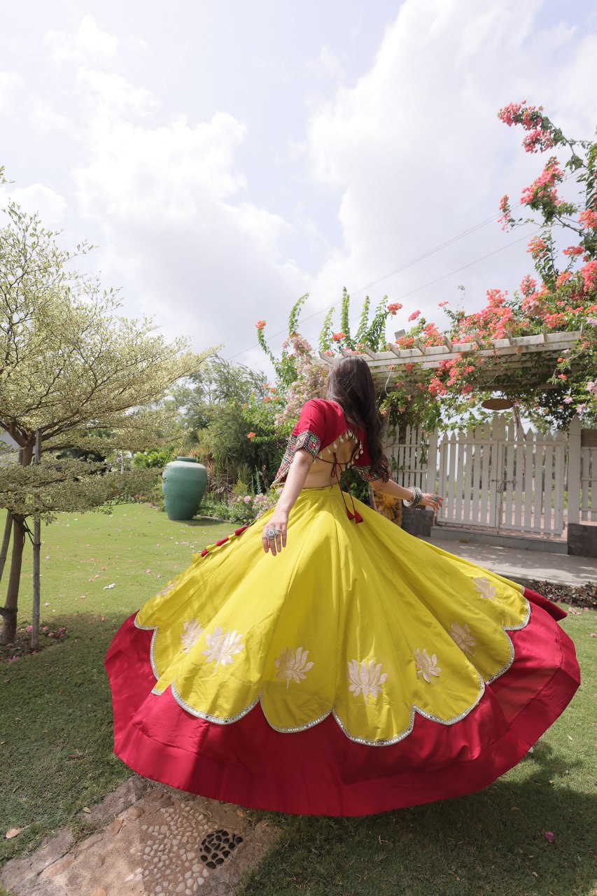 Navratri Roman Fabric Lehenga Choli with Kutchi Gamthi Embroidery