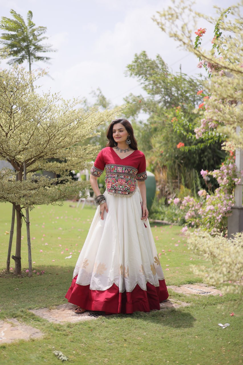 Navratri Roman Fabric Lehenga Choli with Kutchi Gamthi Embroidery