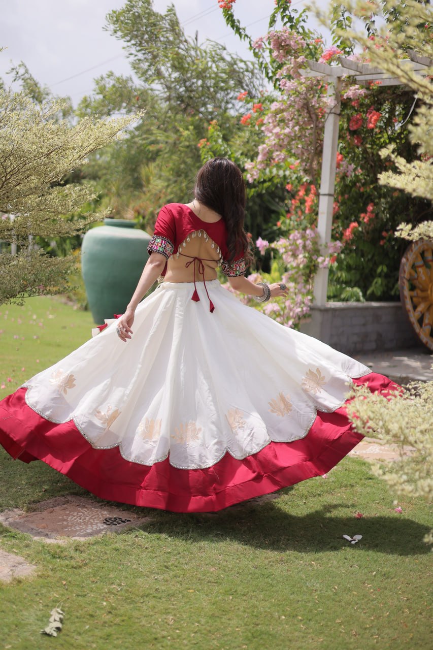 Navratri Roman Fabric Lehenga Choli with Kutchi Gamthi Embroidery