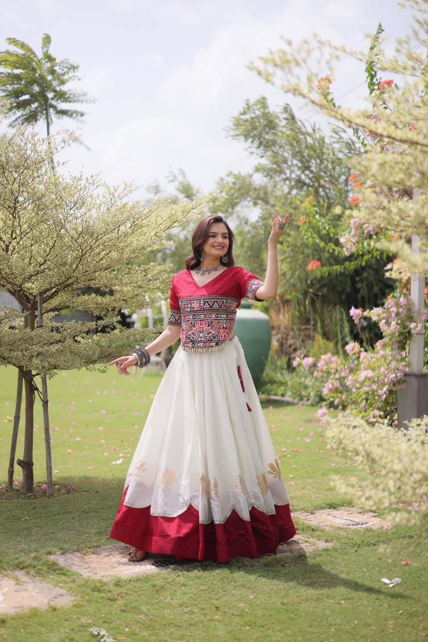 Navratri Roman Fabric Lehenga Choli with Kutchi Gamthi Embroidery