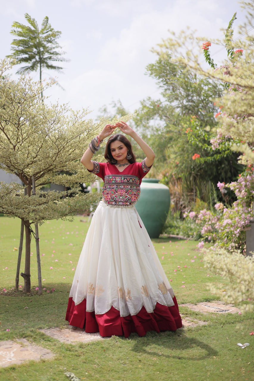 Navratri Roman Fabric Lehenga Choli with Kutchi Gamthi Embroidery