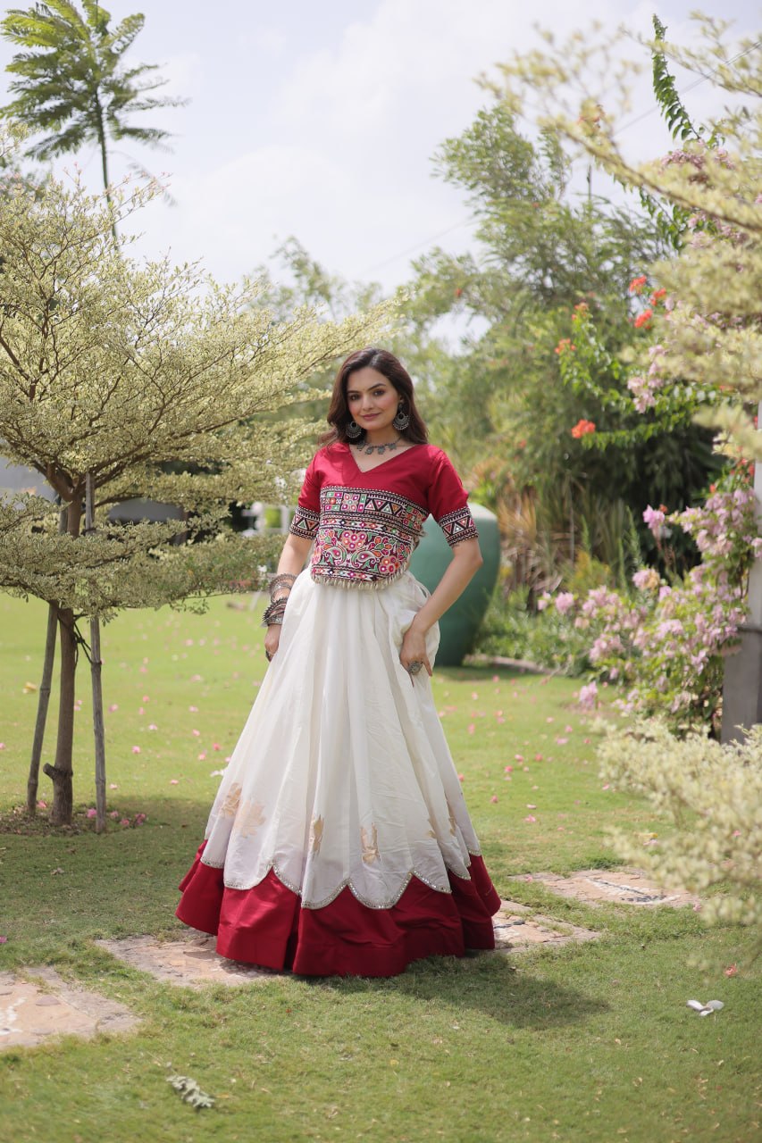 Navratri Roman Fabric Lehenga Choli with Kutchi Gamthi Embroidery