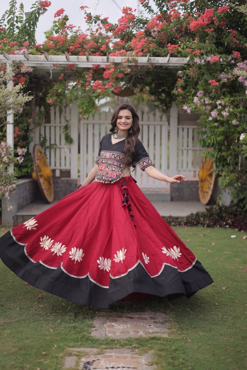 Navratri Roman Fabric Lehenga Choli with Kutchi Gamthi Embroidery