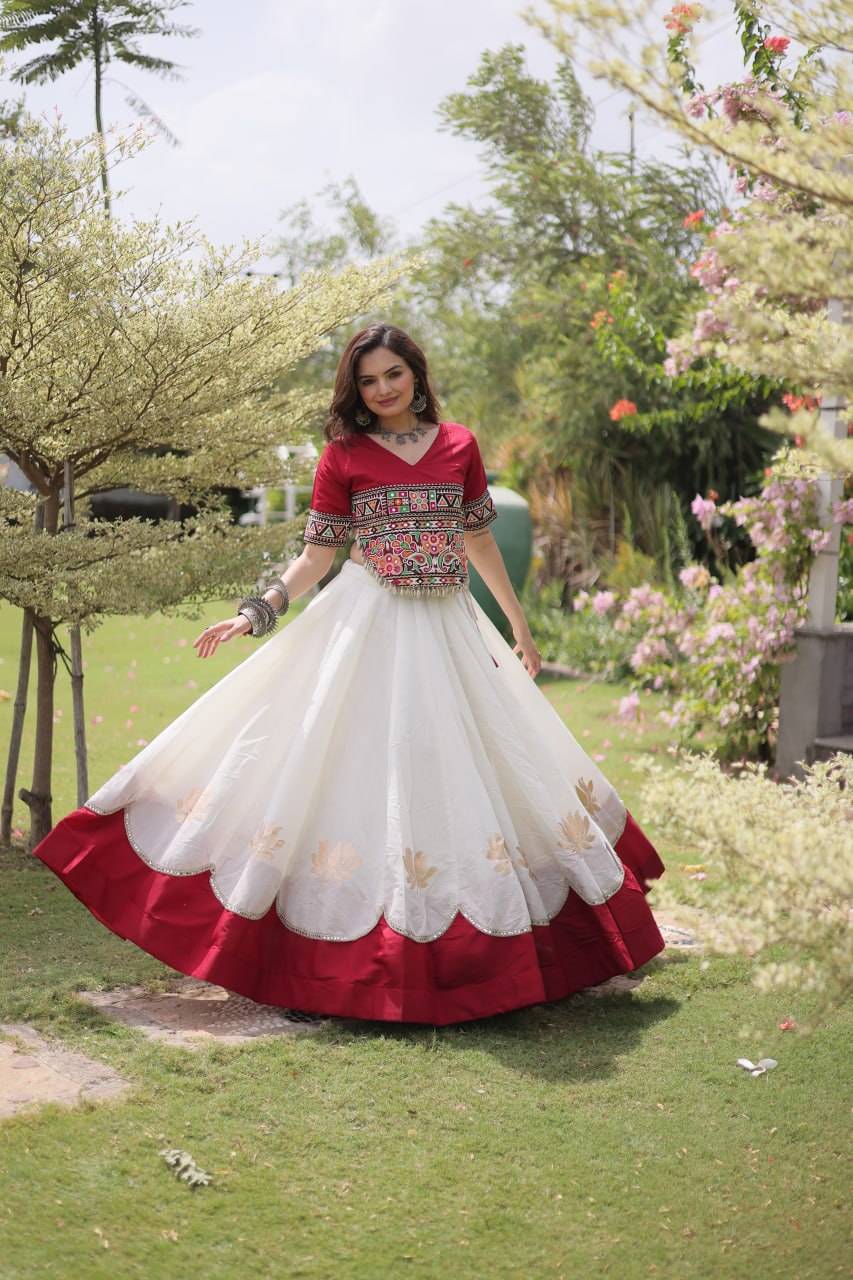 Navratri Roman Fabric Lehenga Choli with Kutchi Gamthi Embroidery