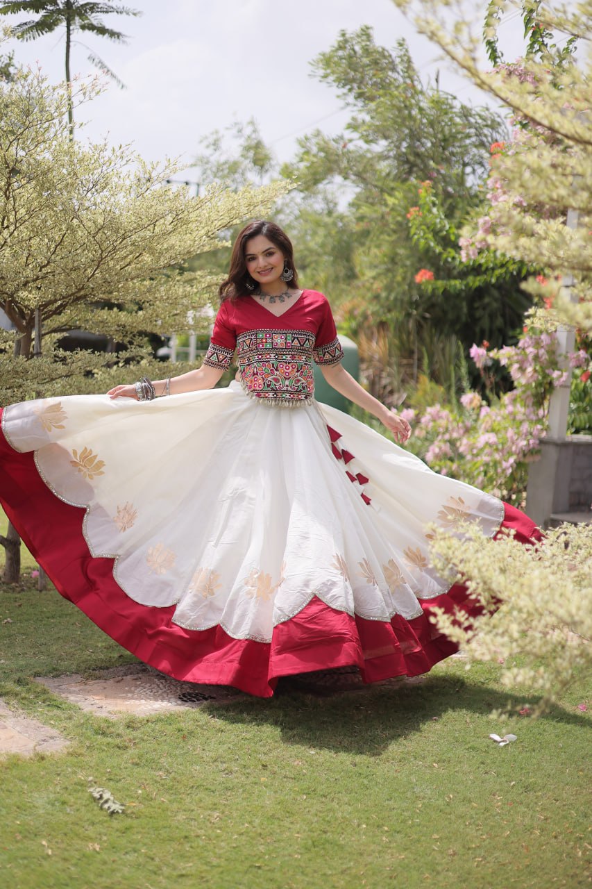 Navratri Roman Fabric Lehenga Choli with Kutchi Gamthi Embroidery